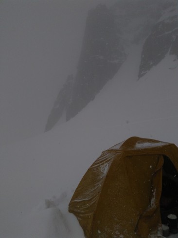 We set up camp beneath the south face of Aiguille du Midi, and soon weather turned a little nasty.